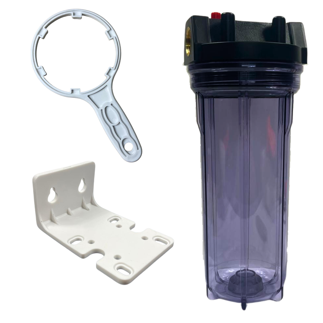 10" Water Filter Housing With Brass Ports & Mounting Kit – Clear Or Blue Housing Options Available