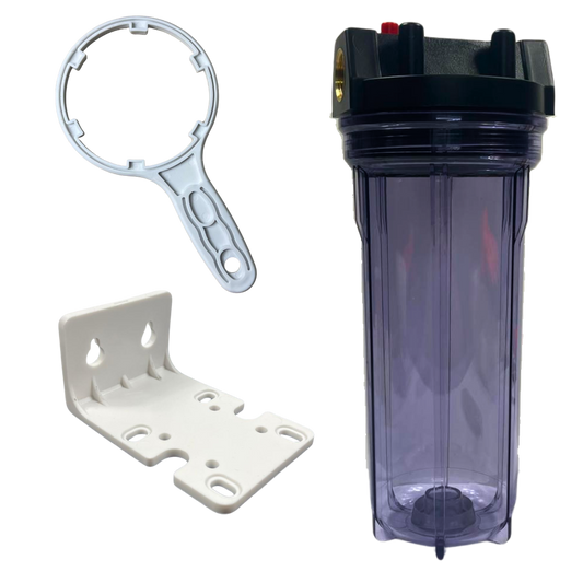 10" Water Filter Housing With Brass Ports & Mounting Kit – Clear Or Blue Housing Options Available